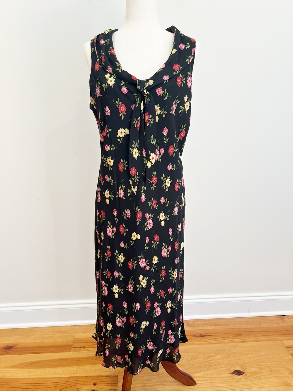 VTG Jones New York Dress 14 Black Silk Dark Floral Maxi Collar Bow Lined 90s Y2K